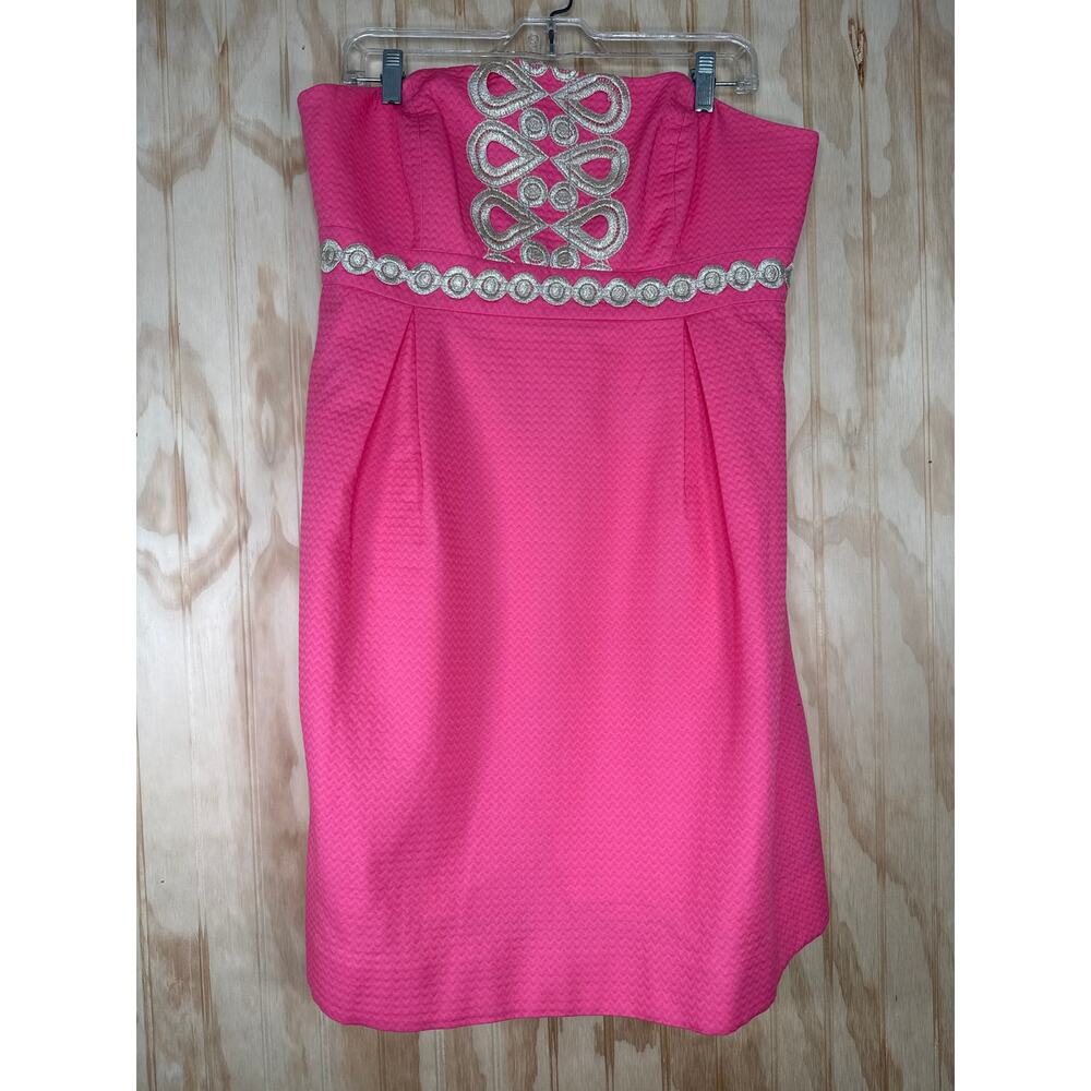 Lilly Pulitzer Gold Embroidered Trim Pink Chevron Print Sleeveless Dress Size 12